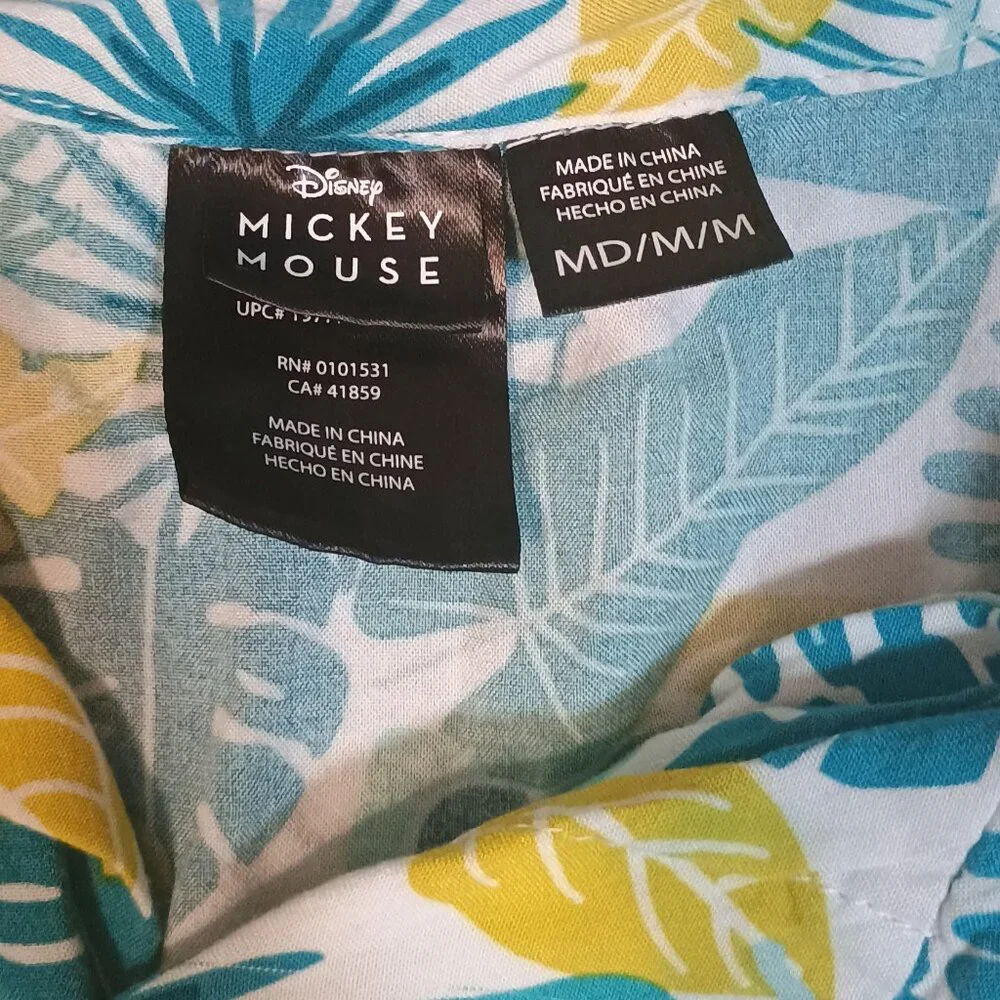 Disney/Mickey Mouse Hawaiian Shirt/Men M/Teal White Yellow/Tropical Vacation Alo - Picture 2 of 8